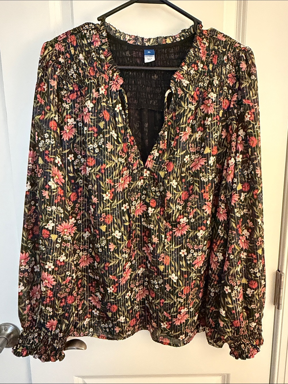 Old Navy Black Floral Smocked V-Neck Blouse with Pink and Green Accents